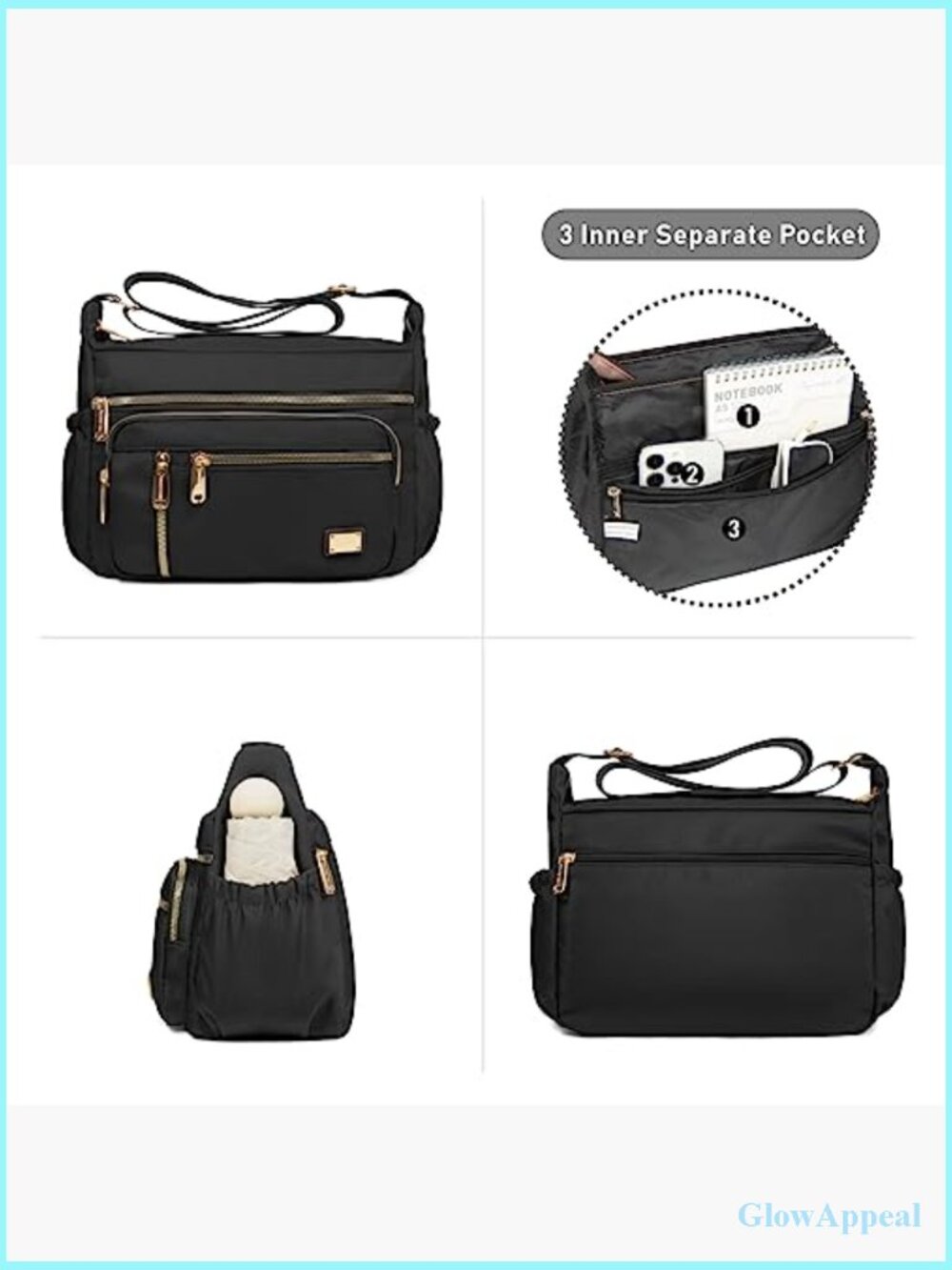 Crossbody Bag with Multiple Pockets, Water Resistant Polyester, Travel Purse - Picture 3 of 7